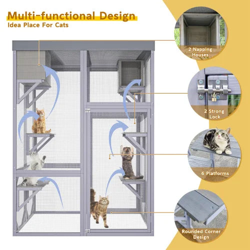 Wooden Cat Enclosure (Outdoor/Indoor): 4 Platforms, 2 Napping Houses, 2 Locks, Rounded Corners