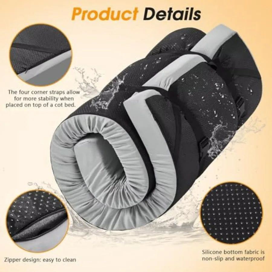 Camping Cot Mattress: 2in Memory Foam Sleeping Pad for Outdoor Use, Soft Warm Gray Non-Slip Topper with Retaining Edge, Portabl
