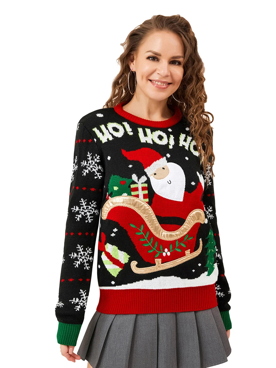 Women Christmas Sweater Winter Long Sleeve Round Neck Santa Claus Pattern Classic Fit Knit Tops