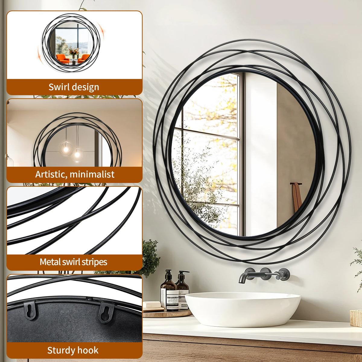 32 Inch Round Black Iron Wire Frame Decorative Wall Mirror for Living Room