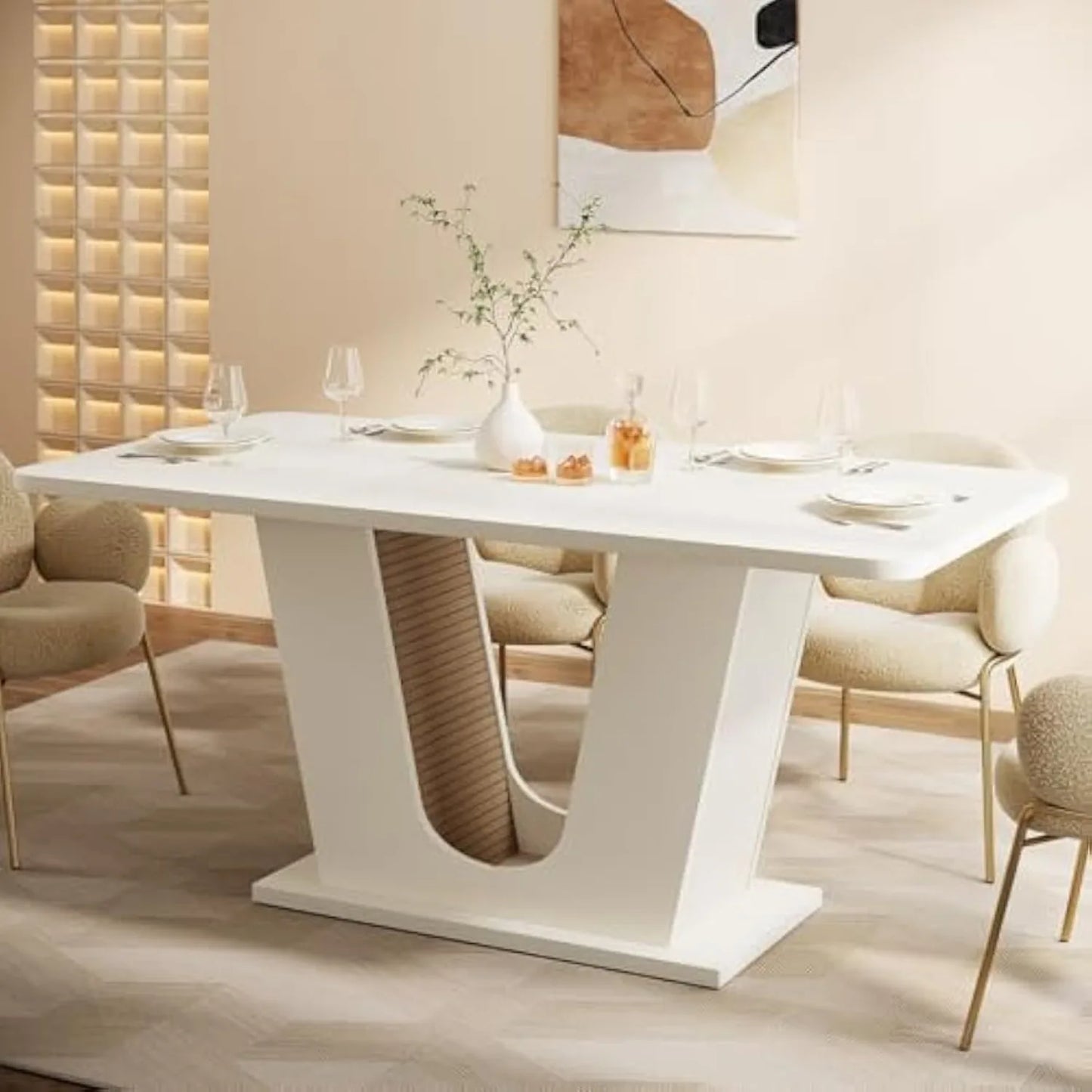 LITTLE TREE Modern Dining Table for 4-6 People, 55-Inch Rectangular Kitchen Table with U-Shaped Base,Cream White