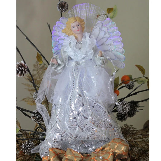 Silver Fur Christmas Tree Topper Angel with Fiber Optic Color Changing Wings Sequin Gown Holiday Decoration 16 Inch