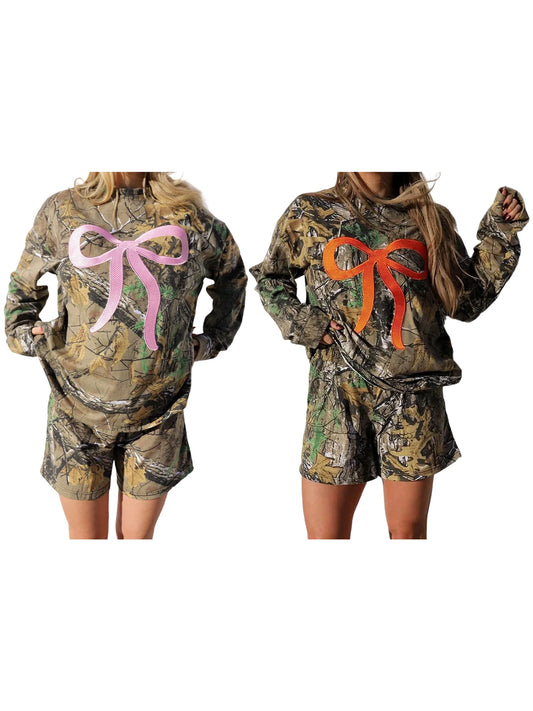 Women s Activewear Set with Bow Embroidery Detail Camouflage Print Long Sleeve Sweatshirt and Elastic Shorts for Stylish