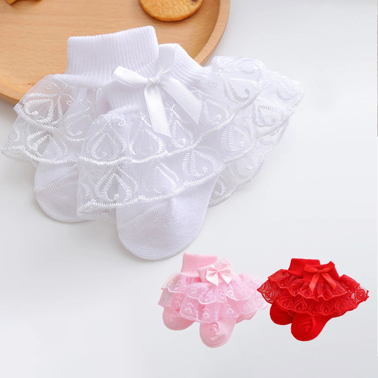 6 pairs of baby girl mid-calf socks with lace ruffle trim, breathable and comfortable lace socks, cute princess socks