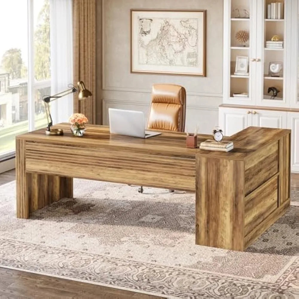 72.8" Large Executive Desk with 47.24" Cabinet, Office Desk with Storage Shelves, Farmhouse Wooden L-Shaped Desk for Home Offic