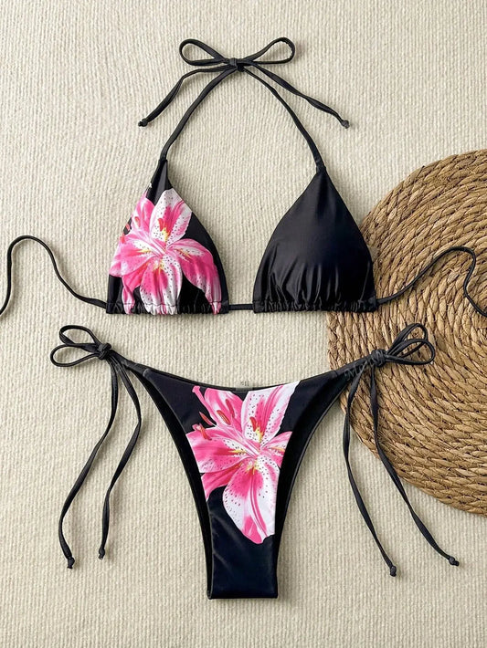 2025 New Summer Swimwear Bikini Set Sexy Print Backless Bikini 2 Piece Set Women Laced Up Split Swimsuit High Waist Beach Bikini