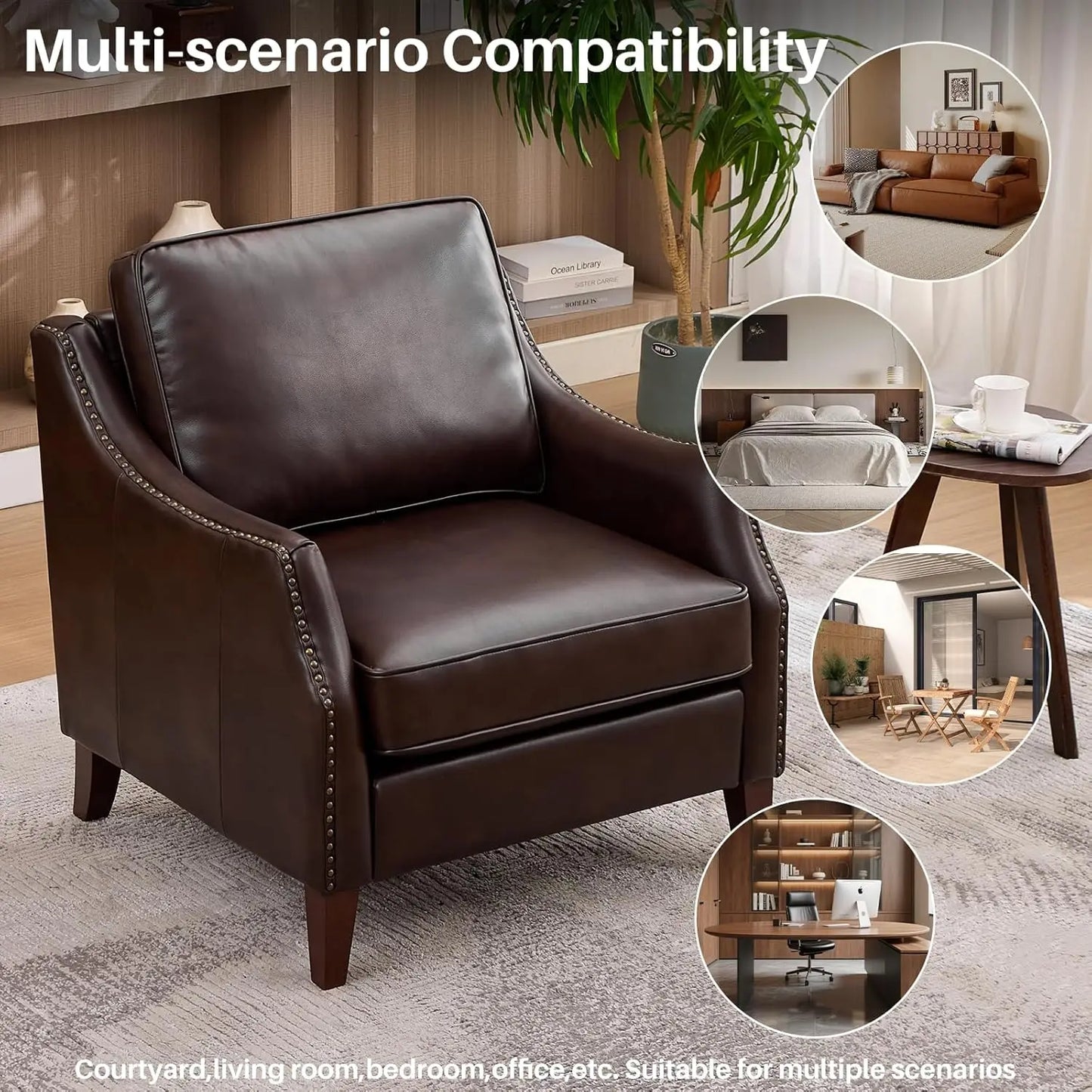33.5" Faux Leather Armchair Set of 2 Nailhead Trim Solid Wood Legs Comfy Cushions Livingroom Bedroom, Customized