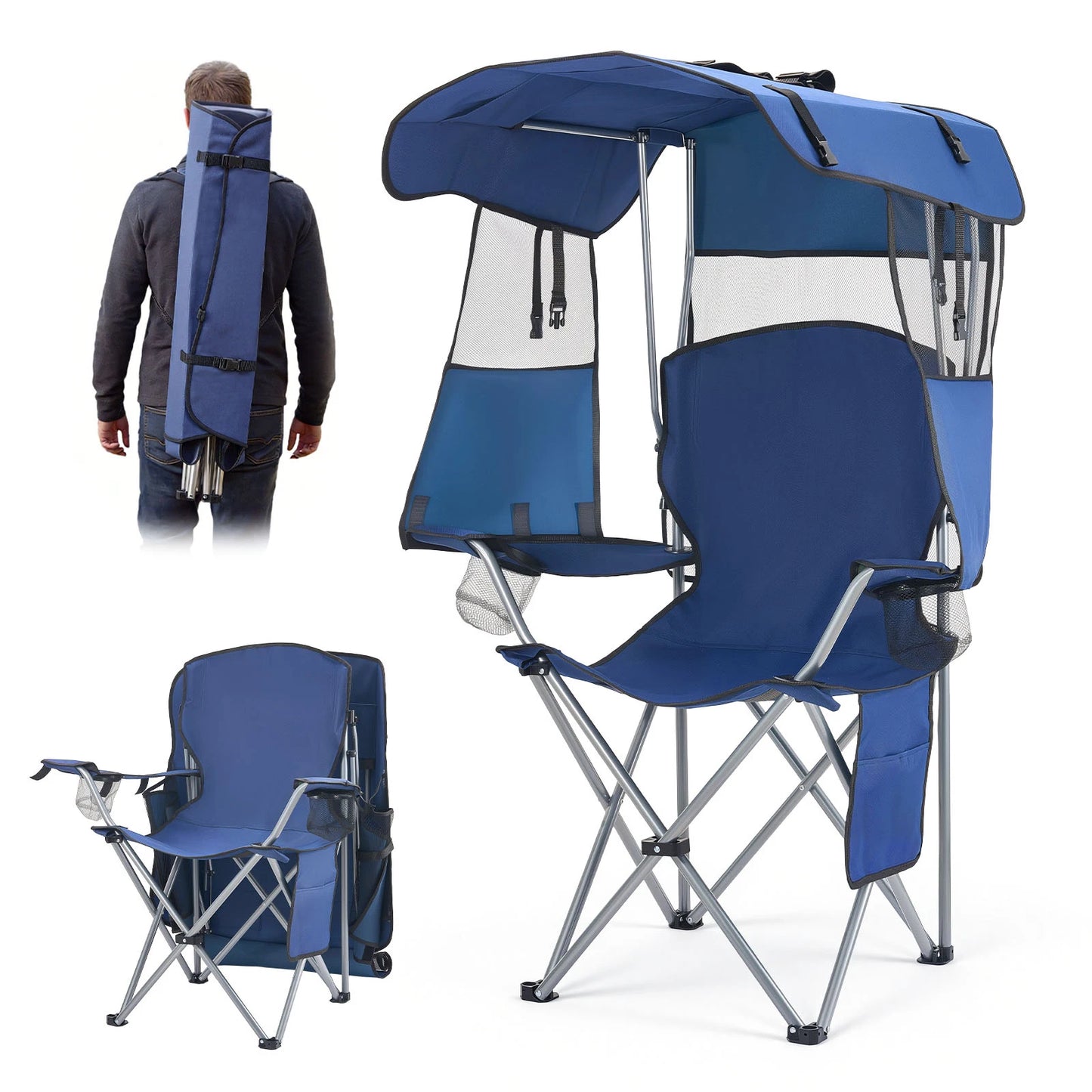 SucceBuy 330lbs Camping Chair with Canopy Shade Magazine Pocket 2 Cup Holders Carry Bags for Outdoor Fishing Tailgates Deep Blue