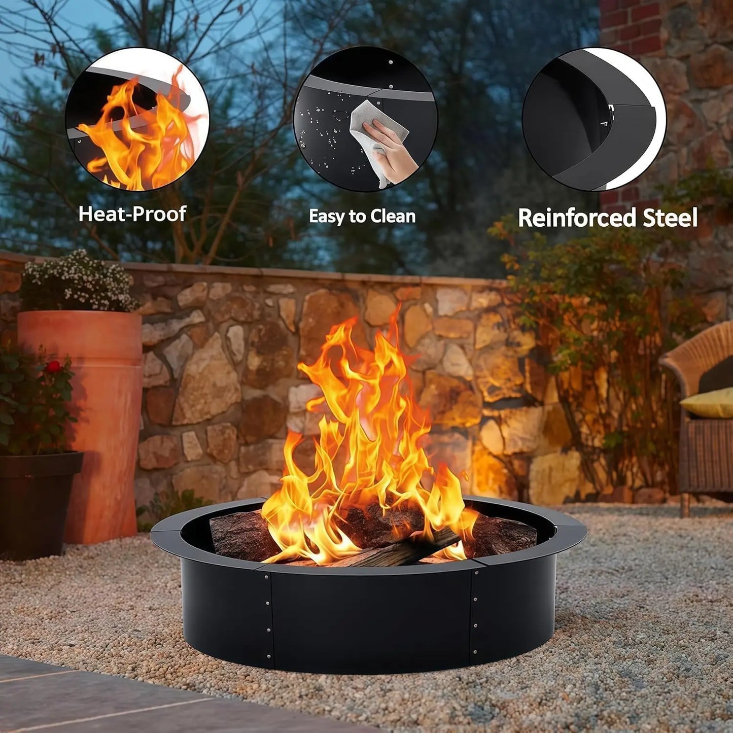 Round Fire Pit Ring 48/60 Inch, Carbon Steel Outdoor Campfire Ring With Vent Holes For Firewood Garden Patio Camping
