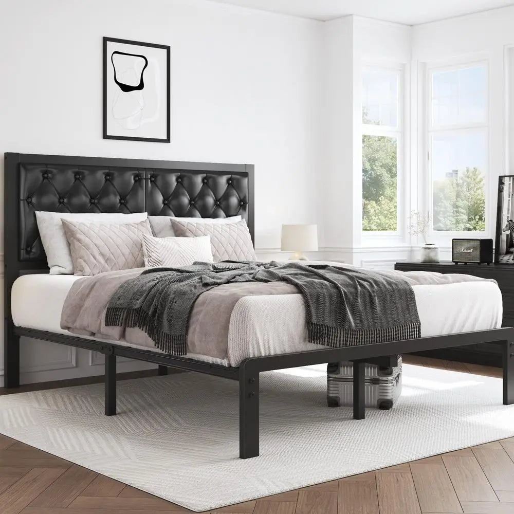 Queen Upholstered Bed Frame with Tufted Headboard Metal Slats No Box Spring