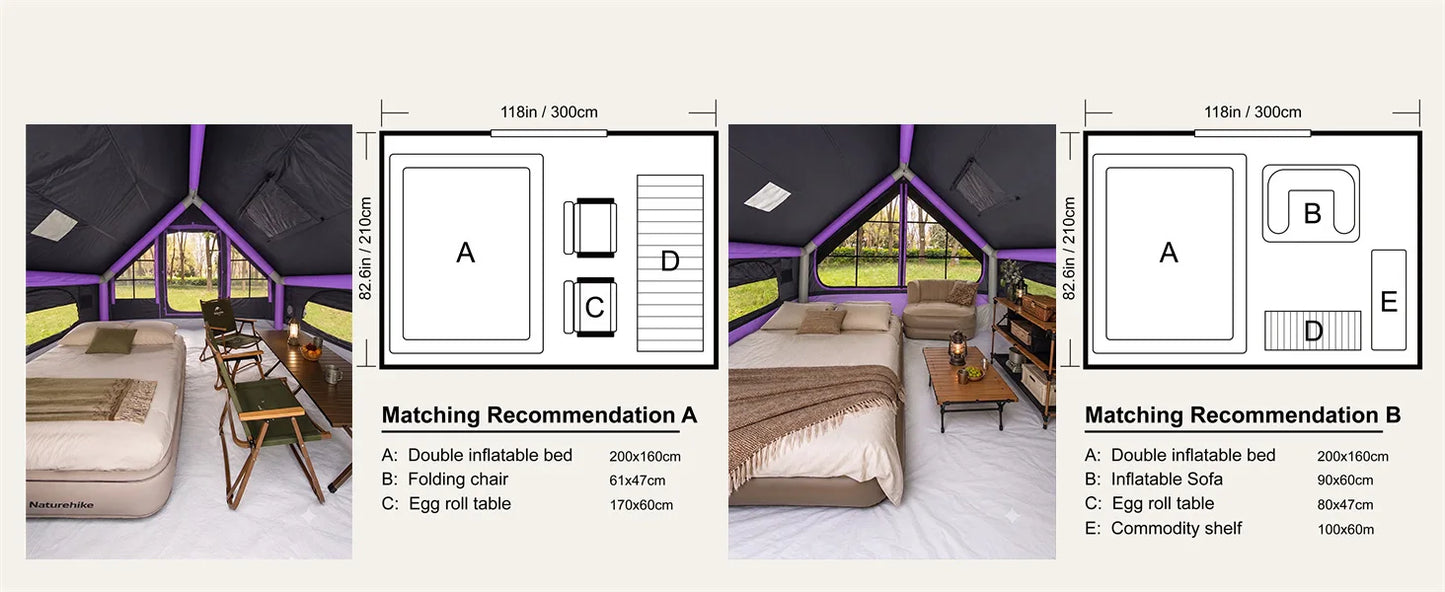 SENLEETO 67.8 SqFt Inflatable Camping Tent for 2-3 Person with Stove Jack,Black Coating Easy Setup Blow Up Tent with Skylight AC Vent Mesh Window