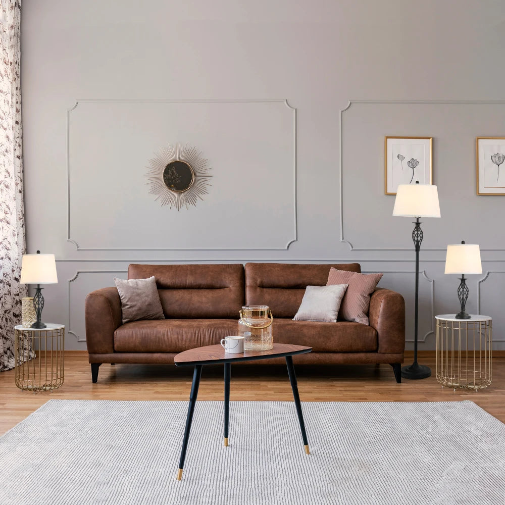 3 Piece Table Floor Lamp Mid Century Modern Lamp for Bedroom Mid-Century Lamp with Metal Pole Round Base and Fabric Lampshade