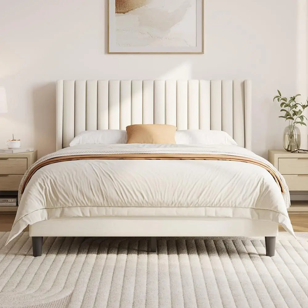 Queen Upholstered Bed Frame With Ivory Channel Tufted Headboard, Sturdy Platform Style
