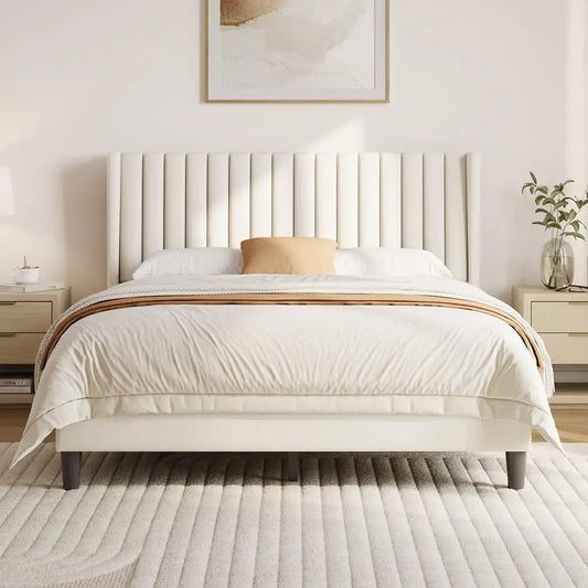 Queen Upholstered Bed Frame With Ivory Channel Tufted Headboard, Sturdy Platform Style
