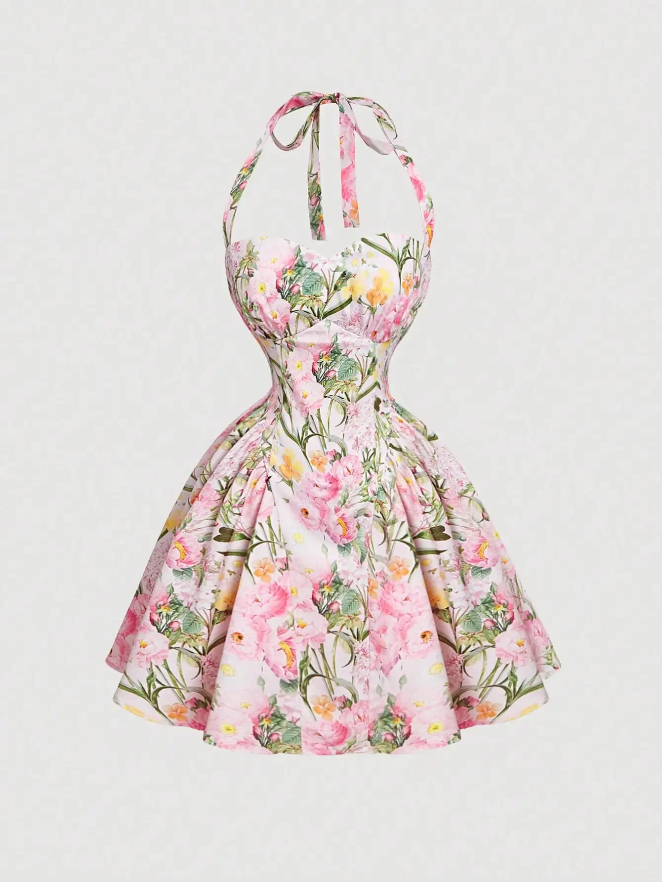 Romantic Floral Print Halter Dress For Women Summer Mini Dress A-Line Fit And Flare