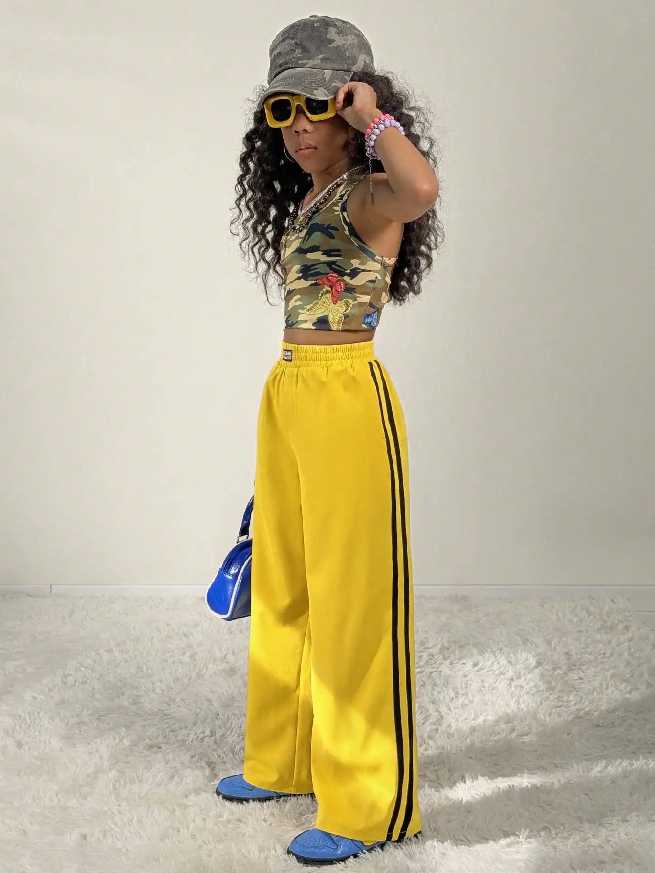 Kids Girls Bright Yellow Loose Fit Straight Leg Pants with Side Stripes, Camo Crop Top Set