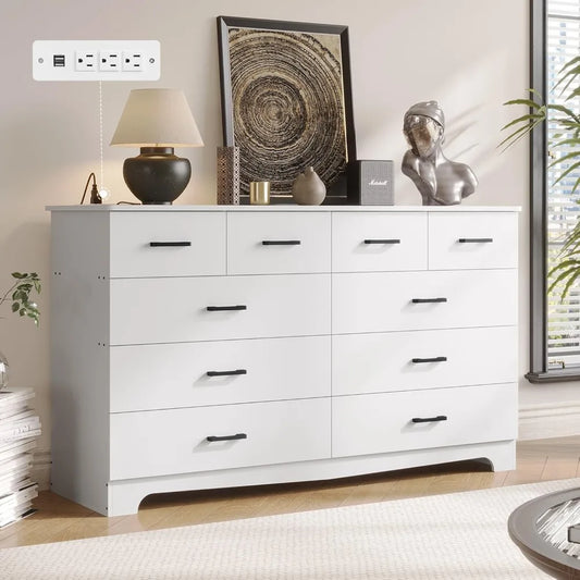 Home & Kitchen White Dresser for Bedroom with 10 Drawers, Large Chest of Drawers Storage Organizer, Long Dresser TV Stand