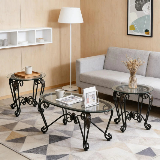 Tempered Glass Coffee Table Set Of 3 With Round Side Tables Rustic Black