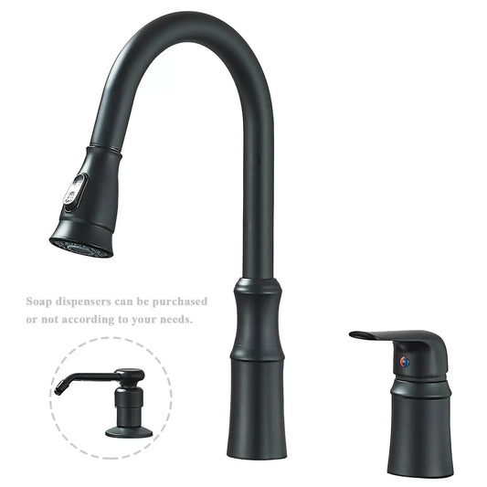 Matte Black Kitchen Sink Faucet with Pull Down Sprayer 1 Handle 2 Hole Mixer Tap Hot and Cold Taps