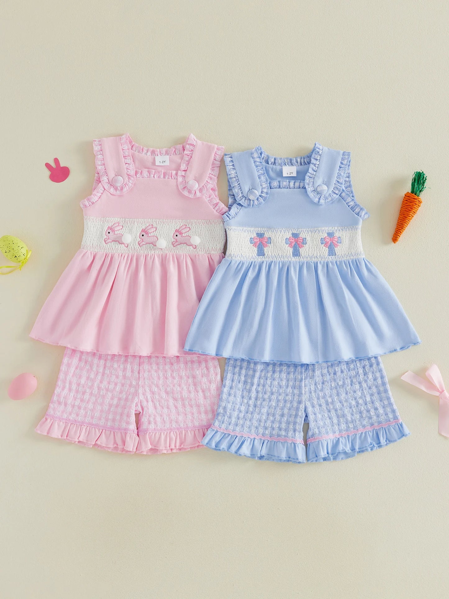 Sweet and Stylish Girls Easter Outfits Featuring Cute Bunny Embroidery Sleeveless Design and Plaid Shorts - Perfect for