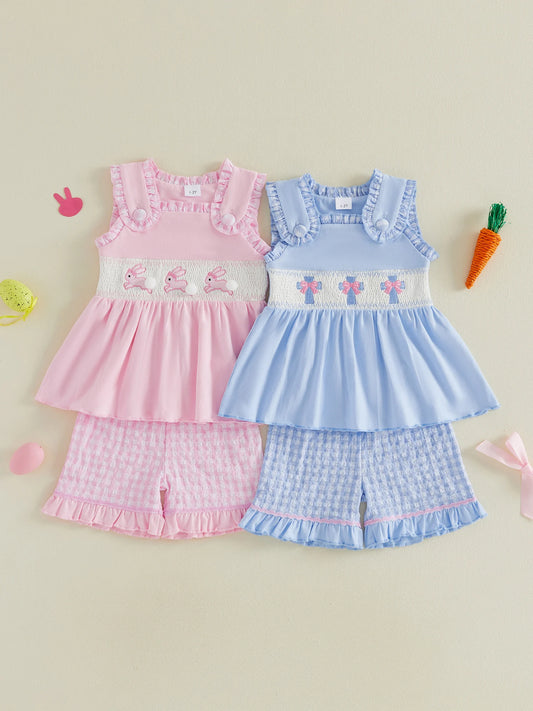 Sweet and Stylish Girls Easter Outfits Featuring Cute Bunny Embroidery Sleeveless Design and Plaid Shorts - Perfect for