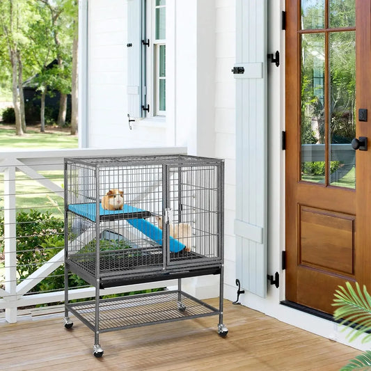 Metal 34'' Ferret Cage Critter Nation Cage Indoor for Adult Rats/Rabbits/Ferrets/Chinchillas 2-Tiers Small Tray＆Shelf, Black