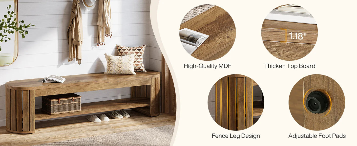 Tribesigns 63" Wooden Entryway Bench with Shoe Storage, Long 2-Tier Narrow Shoe Bench with Arc Vertical Slat Splicing Legs, End of Bed Stool for Bedroom, Entrance, Living Room (Brown)