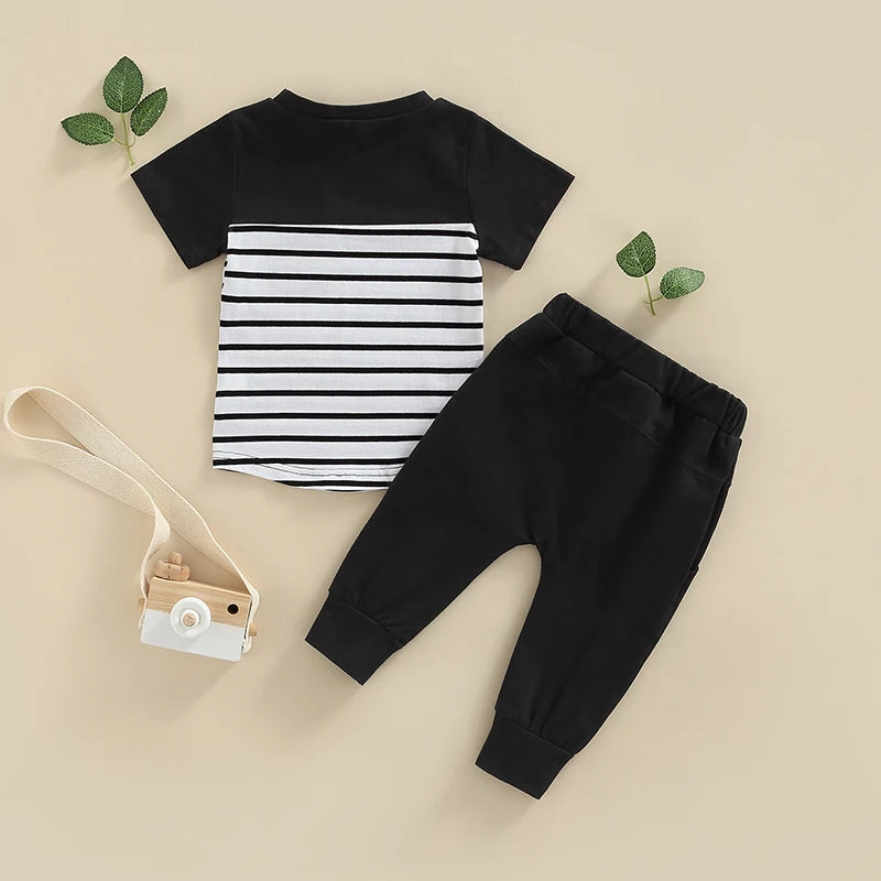 Baby Boys 2 Piece Clothing Set Striped Short Sleeve T-Shirt with Round Neck Solid Color Long Pants Summer Outfit