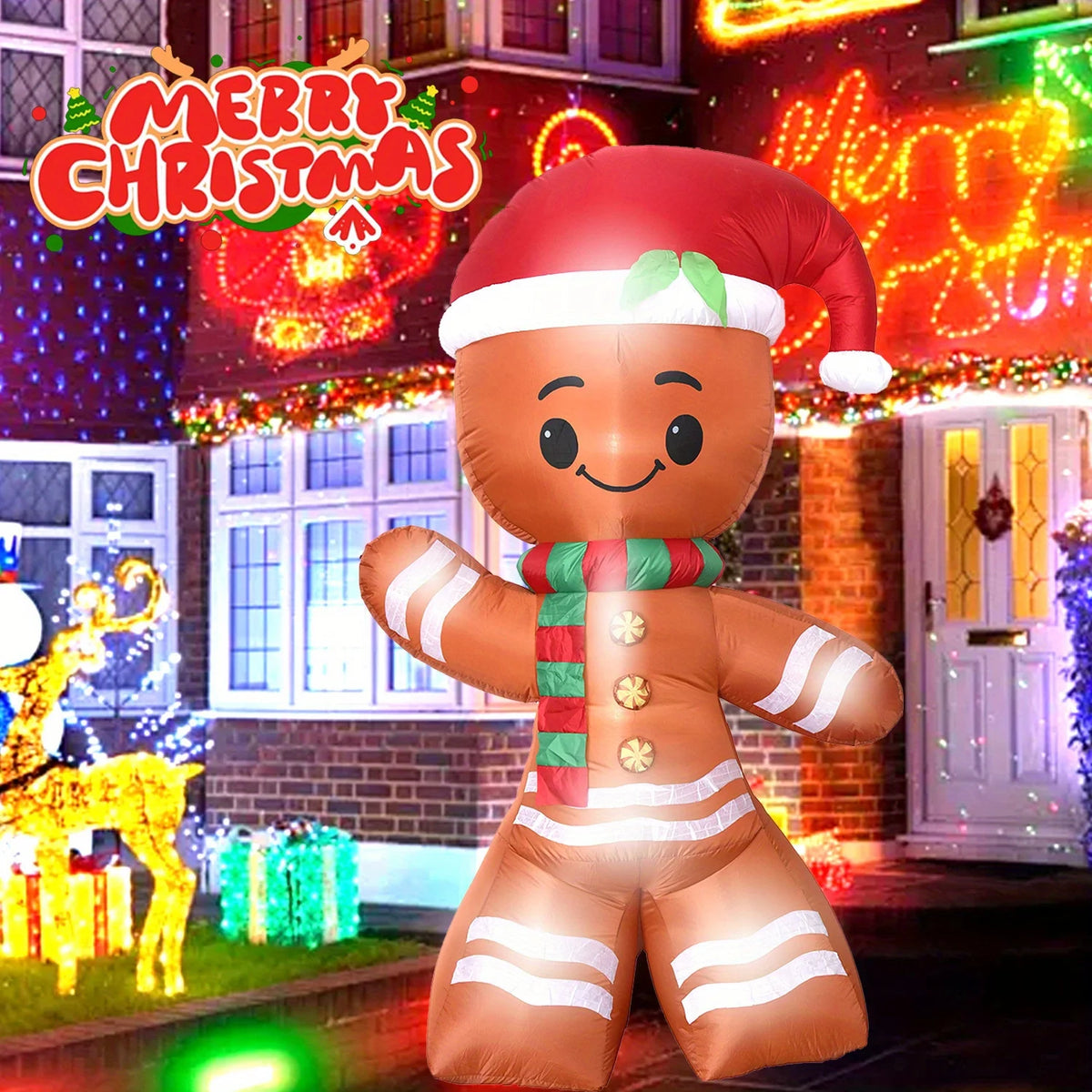 7.8FT LED Light Up Gingerbread Man Inflatable Cheerful Christmas Blow Up Decor with Santa Hat Scarf Winter Holiday Quick Inflate for Outdoor Yard Garden Lawn Chird Party Inflatable Decorative Item
