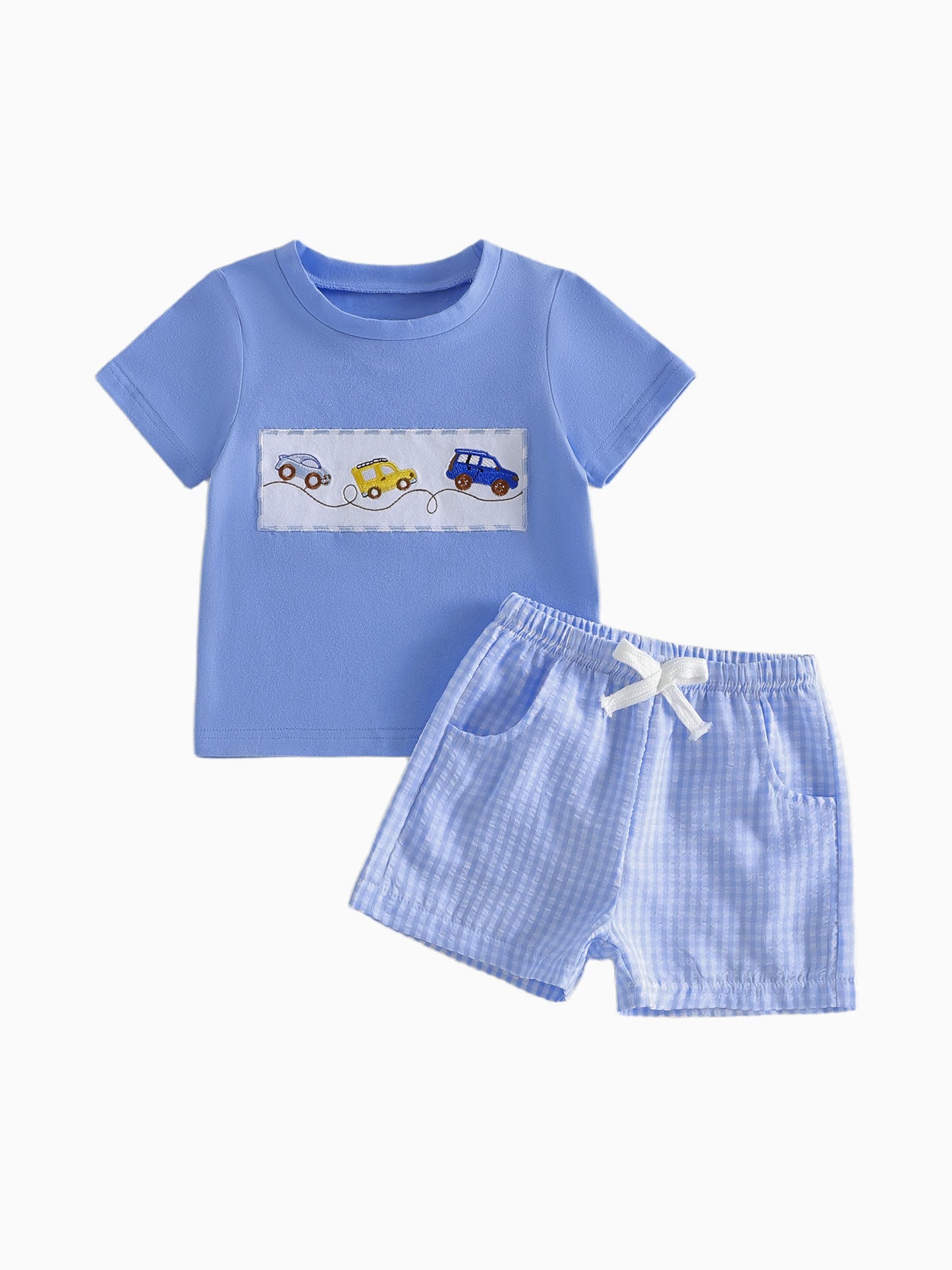 Boys Summer Outfit Set with Short Sleeve Car Embroidered O Neck Top and Plaid Shorts for a Stylish Look