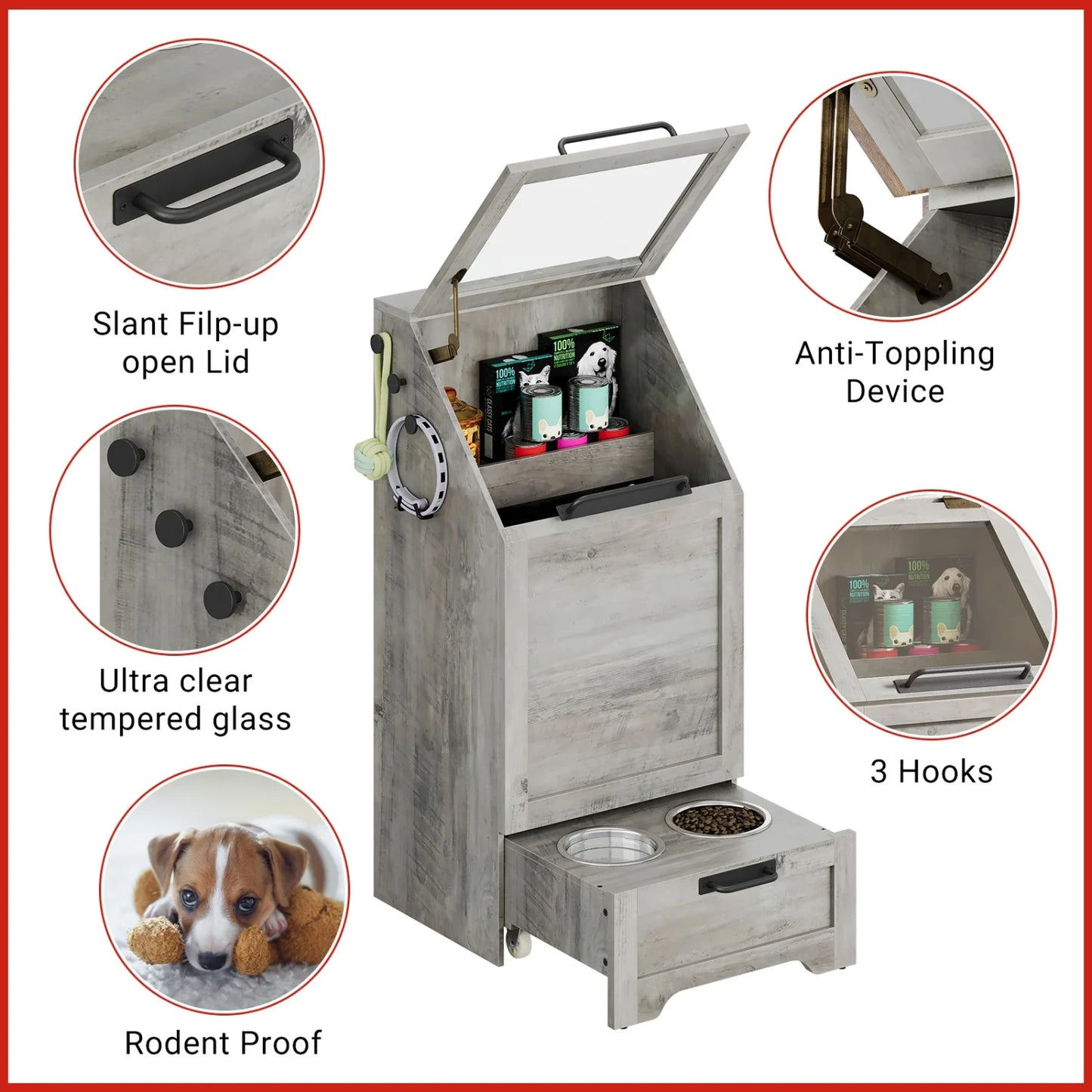 Pet Food Cabinet Flip Top Dog Food Storage Cabinet,Dog Feeding Station with 2 Elevated Bowls, Pet Toy Storage Organizer
