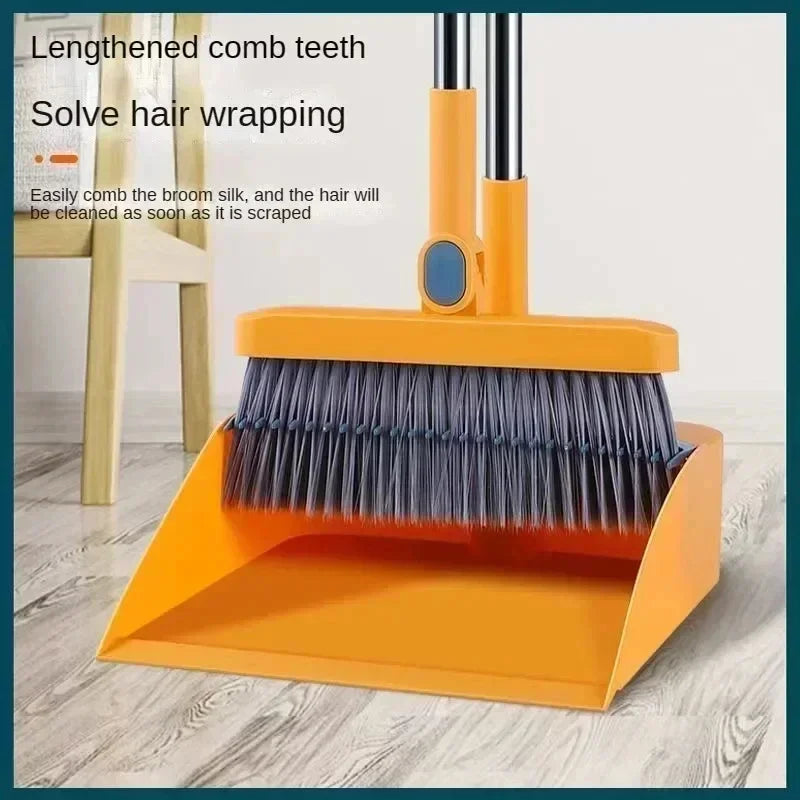 Folding Dustpan & Broom Set – Extra Thick Mounting Teeth, Clip Swivel Long Handle, Space Saving Storage