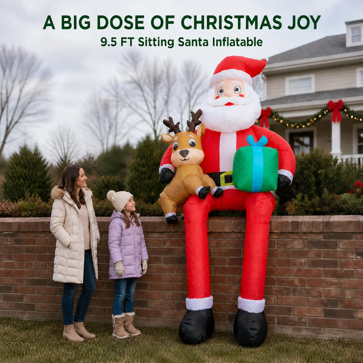 9.5ft Sitting Santa Claus Xmas Holiday Decoration Inflatable Sitting Santa Placed on the Roof Ledge Giant Reindeer Toy with LED Lights Home Ornament Gifts Supplies for Kids Blow up Yard Decorations for Roof Party Garden Lawn