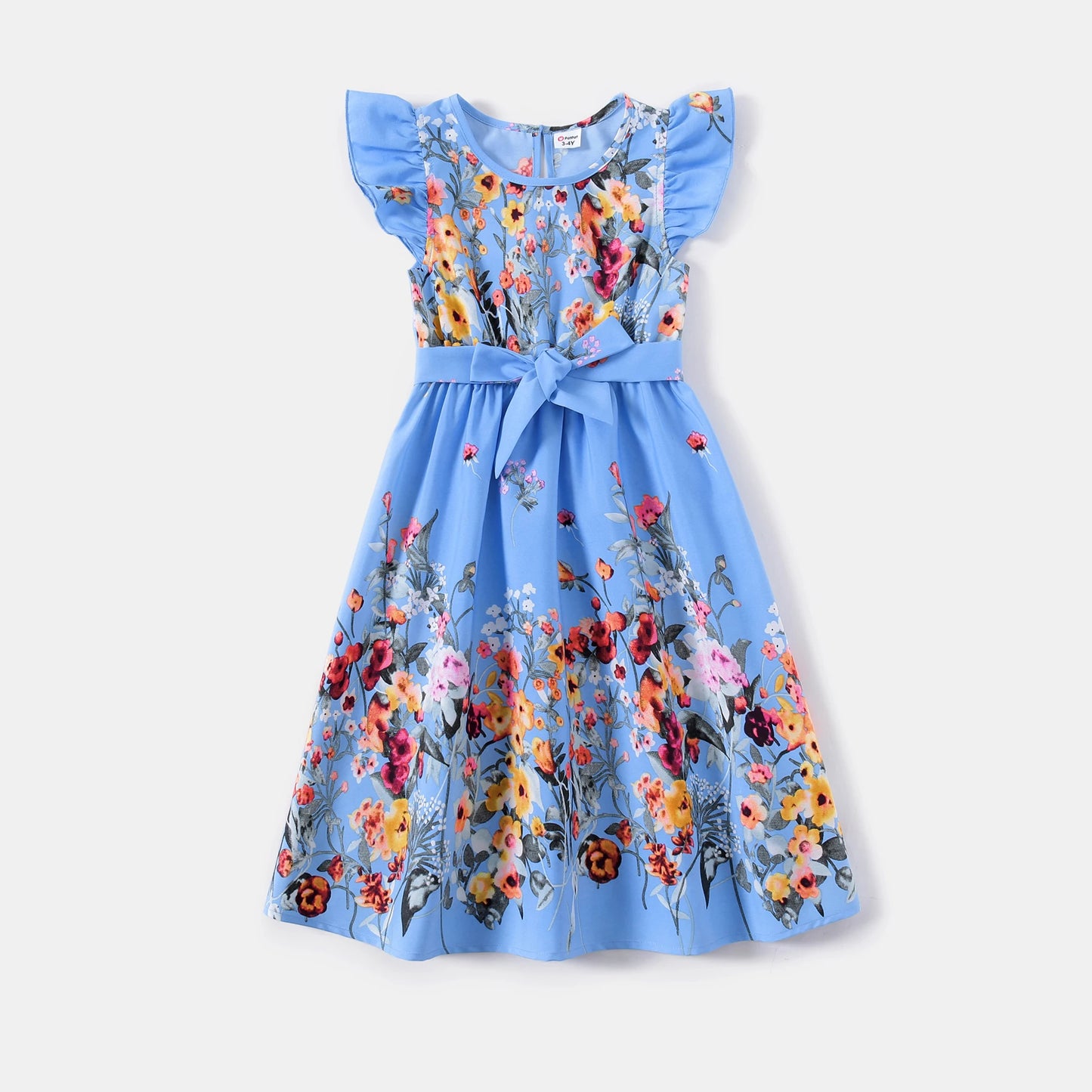 PatPat Family Matching Floral Print Ruffle-sleeve Belted Midi Dresses and Striped Short-sleeve T-shirts Sets