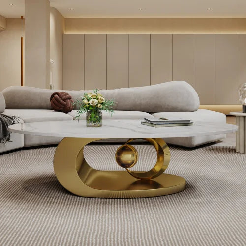 Modern Faux Marble Sintered Stone Coffee Table With Stainless Steel Base