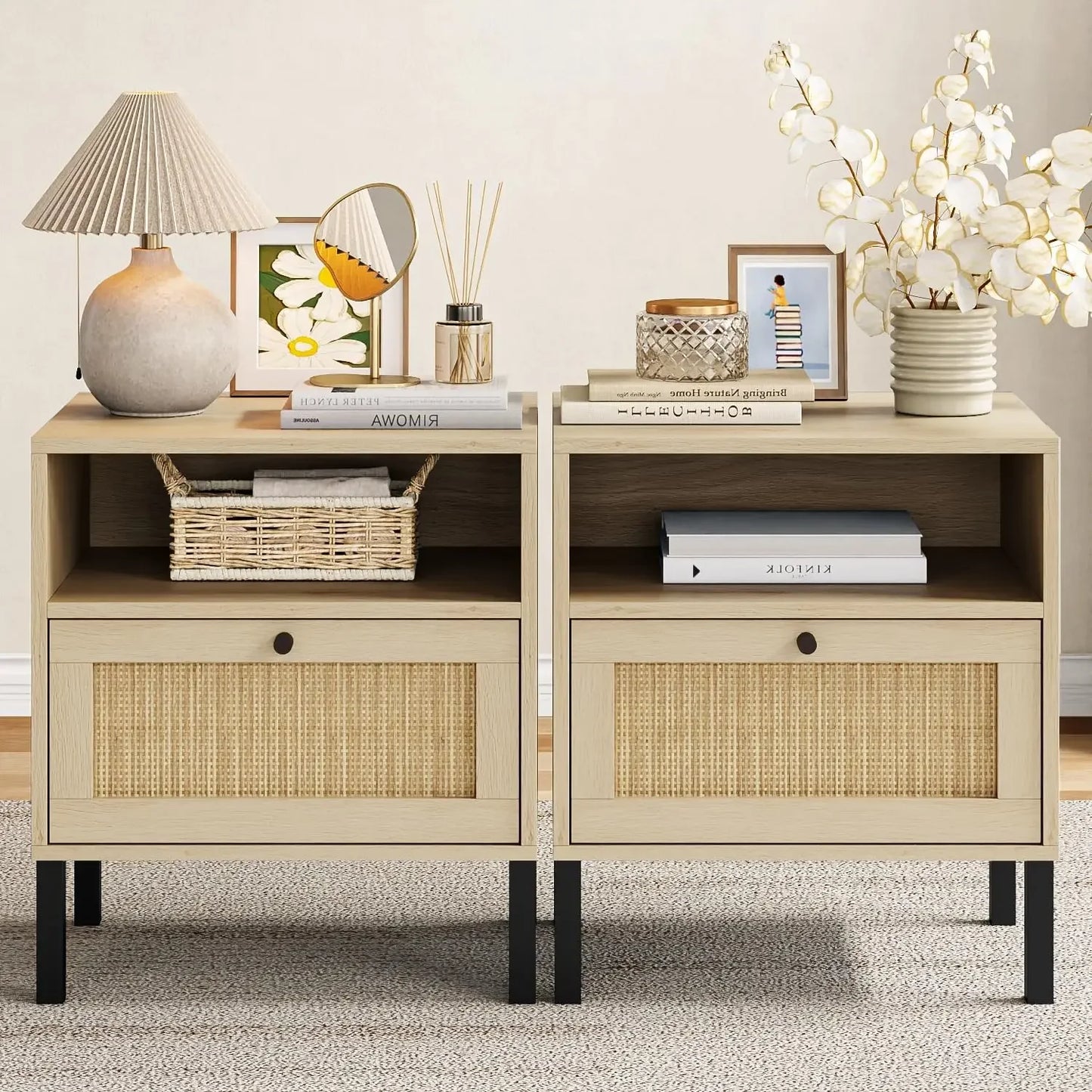 Rattan Night Stand Set 2, Boho Black Nightstands Set of 2, Bedside Table, End Table with Open Storage Space & Metal Le