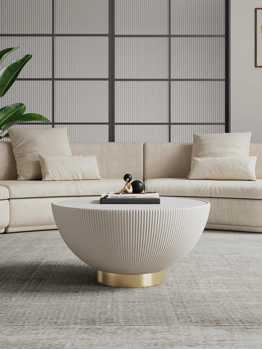 28.15" Round Coffee Table 2.0 - Ceramic Marble Tabletop, Elegant Pleated Leatherette Details & Gold Base