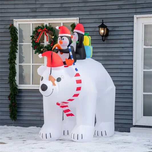 7 ft Polar Bear and Penguins Christmas Inflatable with LED Lighting for Outdoor Holiday Yard Decoration White Color Perfect for