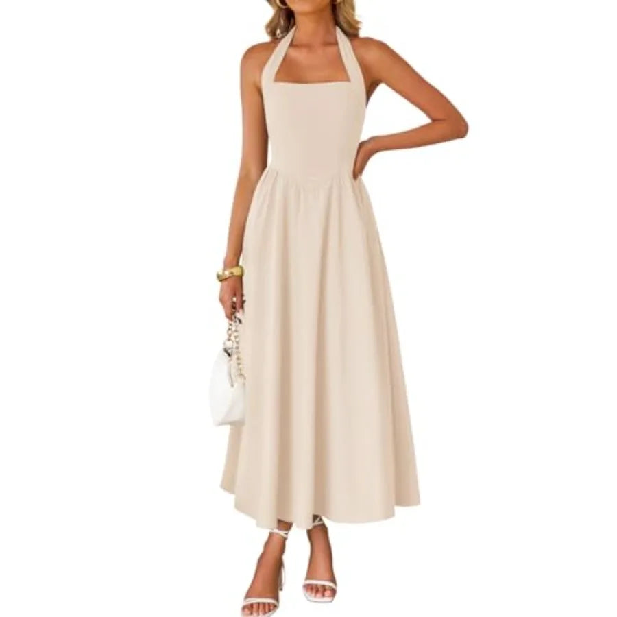 ZESICA Women's Summer Sleeveless Halter Midi Dress 2026 Off Shoulder High Waist Flowy Formal Wedding Guest Long Dresses