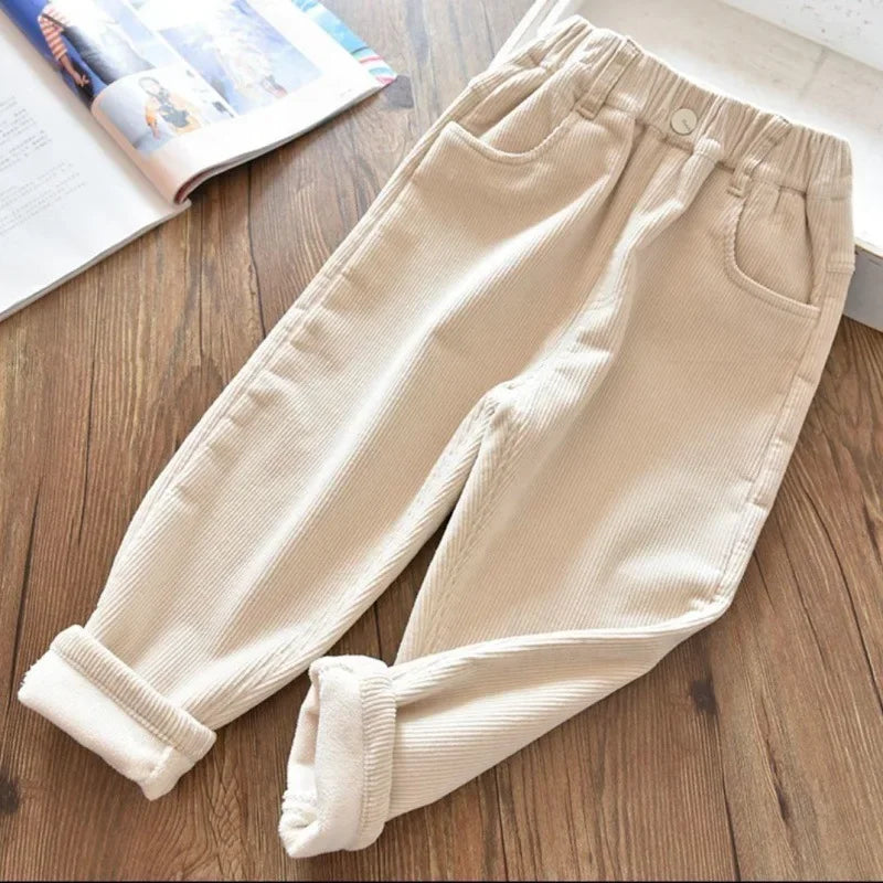 Kids Warm Pants Boy Girls Autumn Winter Corduroy Thick Outer Wear Sports Trousers 1-9Y Children Clothes Casual High Waist Pants
