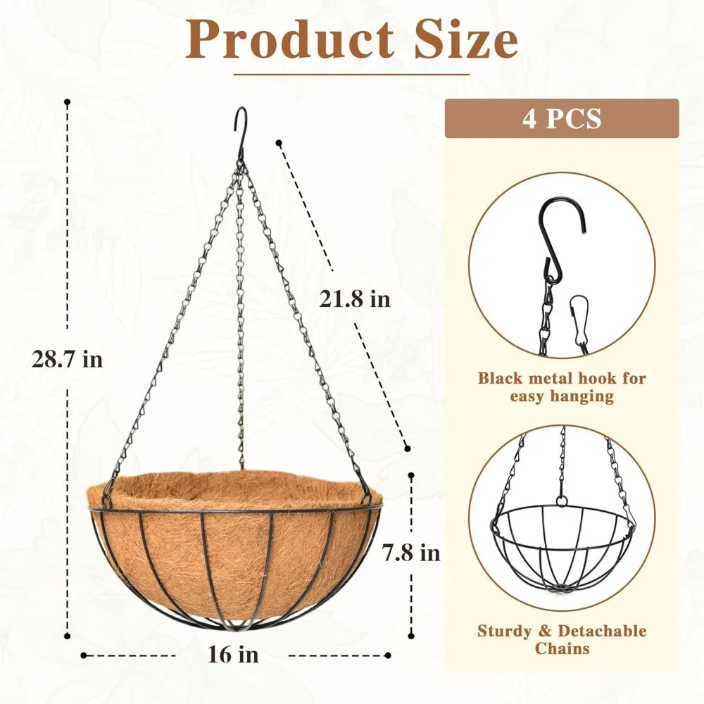 4 Pack 16 Inch Metal Hanging Planters with Coco Coir Liners Round Wire Plant Holders Chain Flower Baskets Outdoor Garden Decor