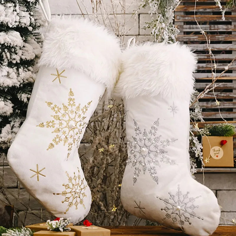 1/2pcs White Plush Stamping Gold Silver Embroidery Snowflake Christmas Stocking Merry Christmas Decor For Home Xmas Gift Socks