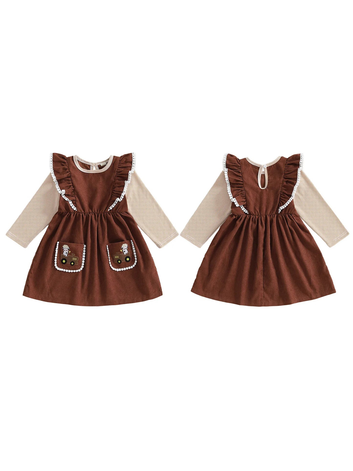 Girls Long Sleeve Crew Neck Striped Embroidered Horse Casual Dress with Pockets and Ruffle Hem for Fall Winter