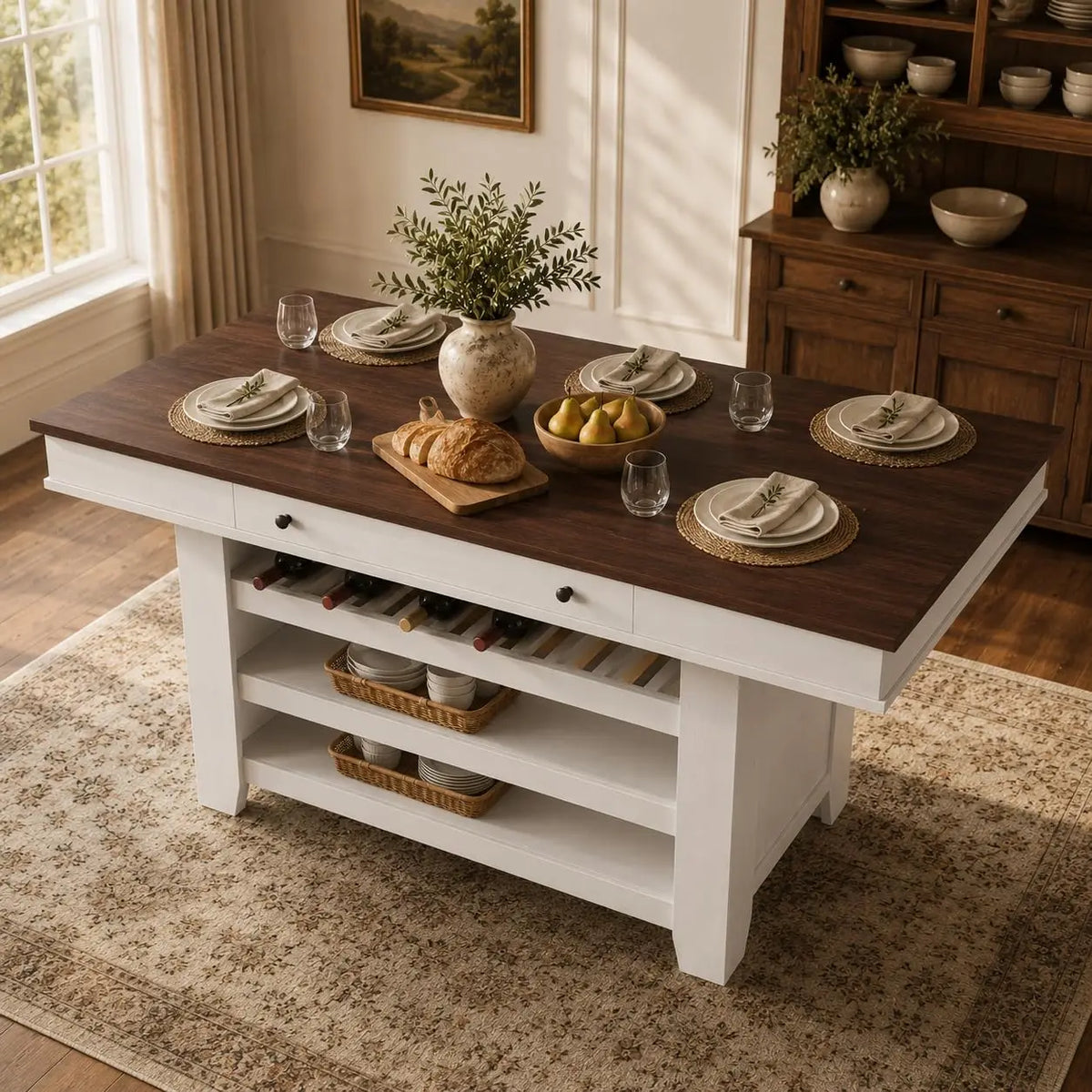60 Inch Counter Height Dining Table For 4 To 6 With Wine Rack And Storage