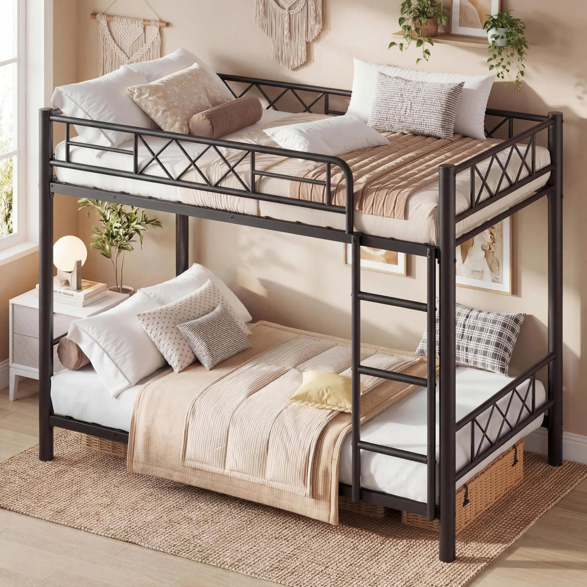 Twin Over Twin Metal Bunk Bed With Stairs And Guardrails For Kids