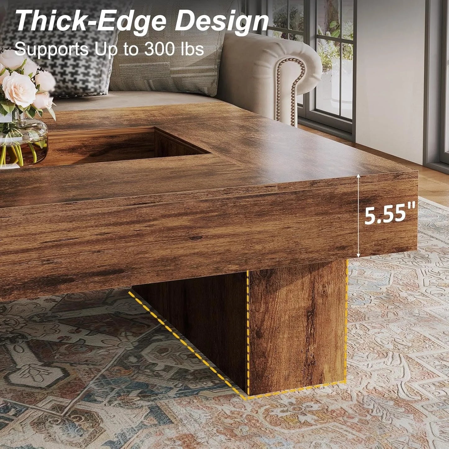 Rustic Large Wood Coffee Table with Storage LED Light Modern Farmhouse Low Wide Rectangle for Living Room Office 47 Inch