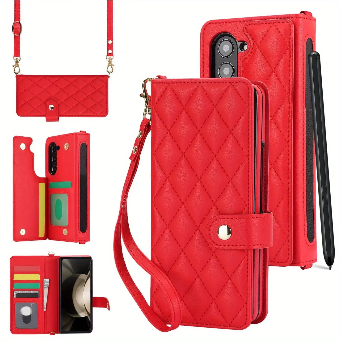 PU Leather Flip Wallet Case For Samsung Galaxy Z Fold 6 5 4 3 5G With Holder Crossbody Wrist Strap Card Slot Stand Phone Cover