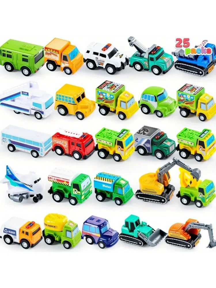 25 Pieces Pull Back Cars and Trucks Toy Vehicles Set for Toddlers Kids Play Set Die-Cast Car Party Favors School Gifts