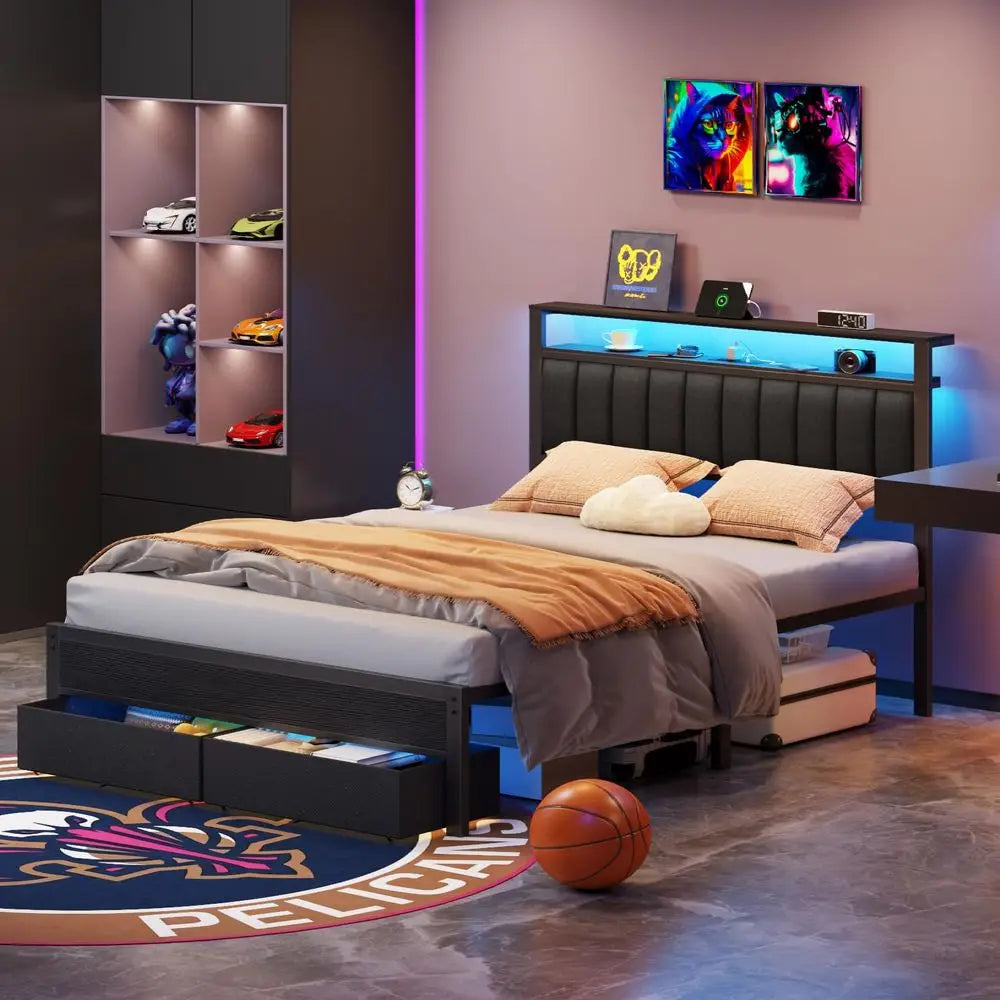 Queen Grey Upholstered Platform Bed With LED Lights Charging Station And Shelves