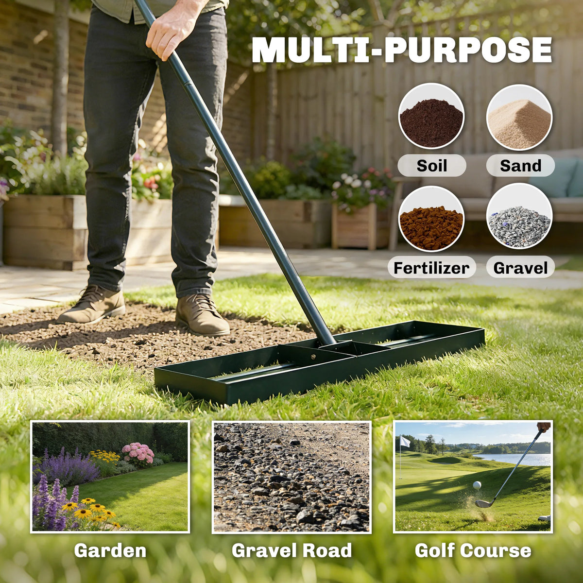 36" x 10" Lawn Leveling Rake with 66.5" Handle